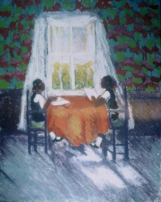 Two Girls Study at a Table