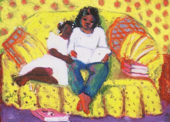 Two Girls on a Yellow Couch